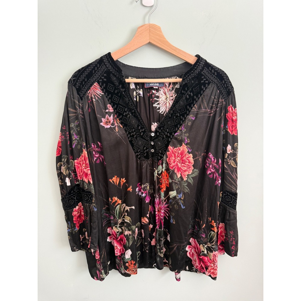 Johnny Was Workshop Floral Blouse Black Velvet Crochet Trim V-Neck Top Medium